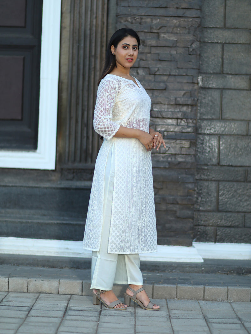 Buy Party Wear Off White Embroidery Work Georgette Kurti With Pant And  Dupatta Online From Surat Wholesale Shop.